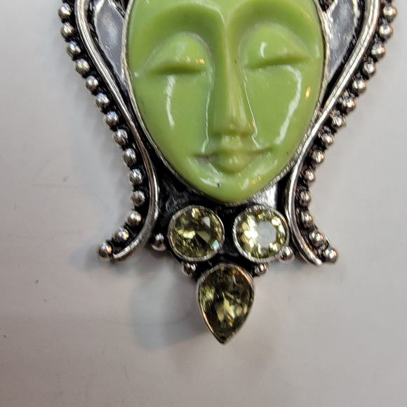 Sterling Silver Pendant with Green Carved Face and Lemon Quartz Accents - Picture 12 of 13
